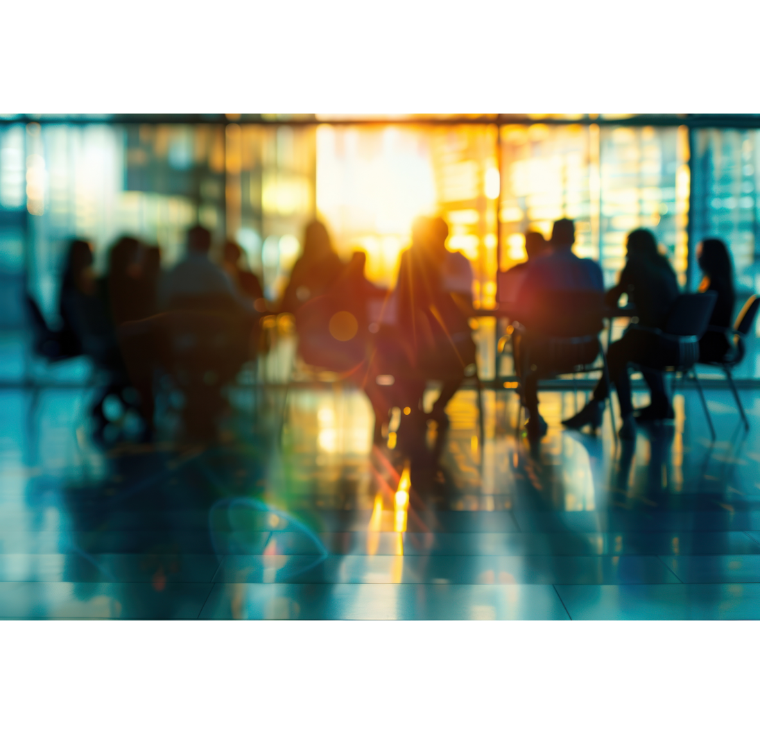 A blurred group of people around table with sunlight shining in